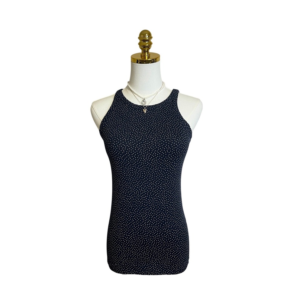 Loft Outlet Navy Blue White Polka Dot High Neck Tank Top Small Sleeveless Cotton
